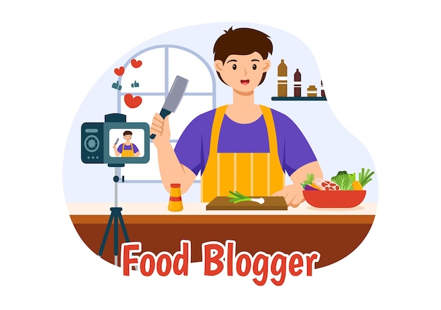 food blogger vector illustration featuring influencer reviewing and sharing on the blog at a restaurant in flat style cartoon background