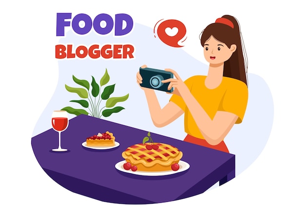food blogger vector illustration featuring influencer reviewing and sharing on the blog at a restaurant in flat style cartoon background