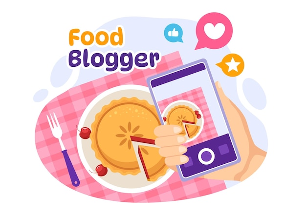 Векторная иллюстрация блоггера о еде с обзором инфлюенсера и публикация в блоге в плоском мультфильме