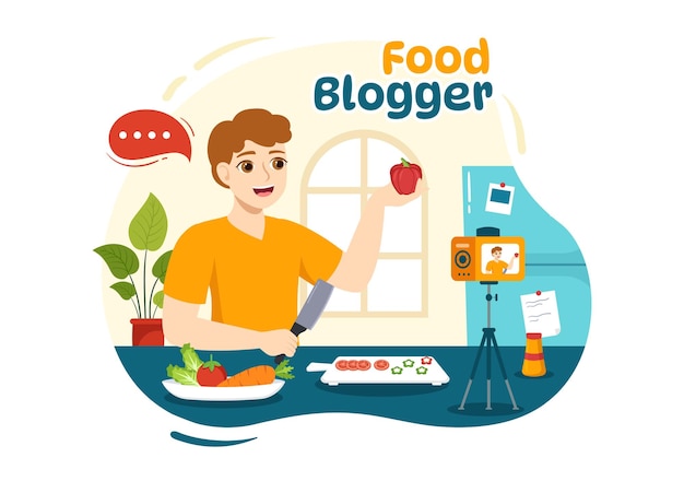 Vettore food blogger vector illustration con influencer review e condividilo sul blog in flat cartoon