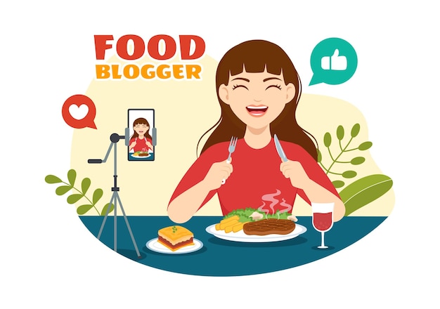 인플루언서가 포함된 Food Blogger 벡터 일러스트레이션 검토 및 플랫 만화의 블로그에서 공유