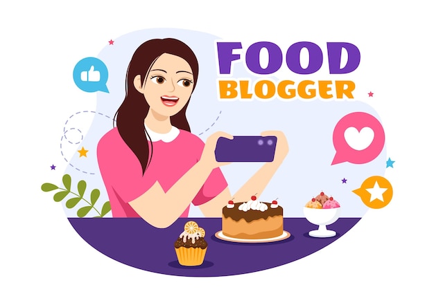 Food blogger vector illustration con influencer review e condividilo sul blog in flat cartoon