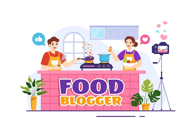 Food blogger vector illustration con influencer review e condividilo sul blog in flat cartoon