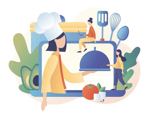 Food blogging ricette cucina casalinga online piatto da chef professionista tiny people cook stile cartone animato piatto moderno illustrazione vettoriale su sfondo bianco