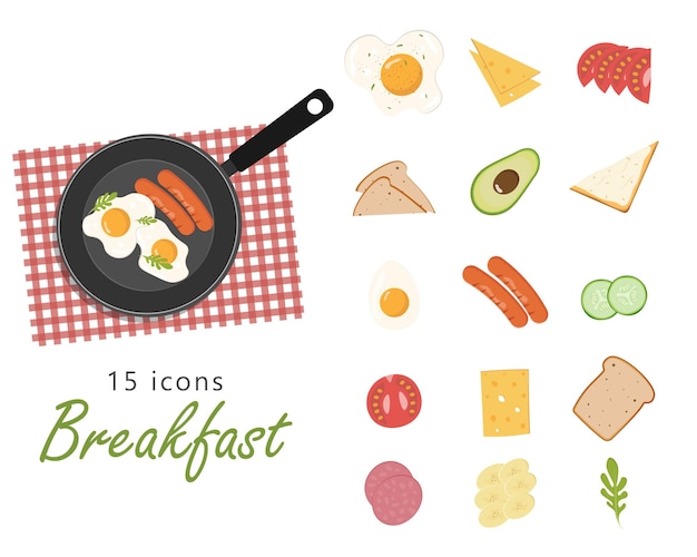 Food, breakfast icons set. Eggs, vegetables, cheese, bread, sausages. Isolated over white background.