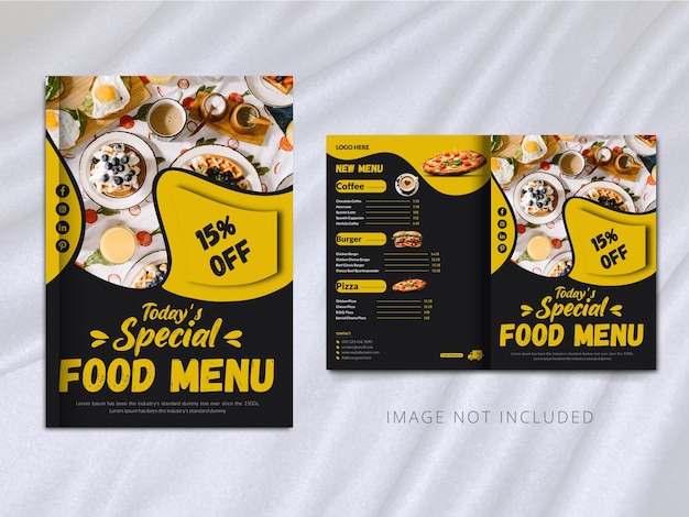 Vettore modello di brochure alimentare brochure menu fast food per ristorante con colore nero e giallo