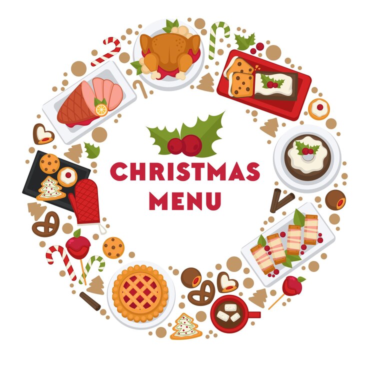 Vector food in cafe or restaurant prepared for xmas celebration