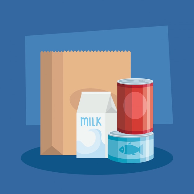 Food in can with box milk and bag paper