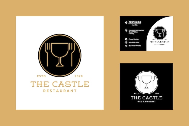 Food Castle Logo Label Template Emblem Combination Fork and Wine Glass Vector Design