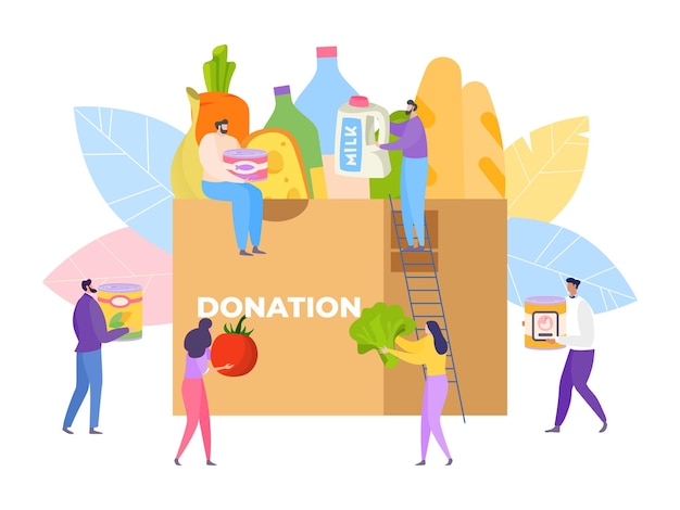 Vector food charity community volunteer donate product vector illustration woman man help by assistance