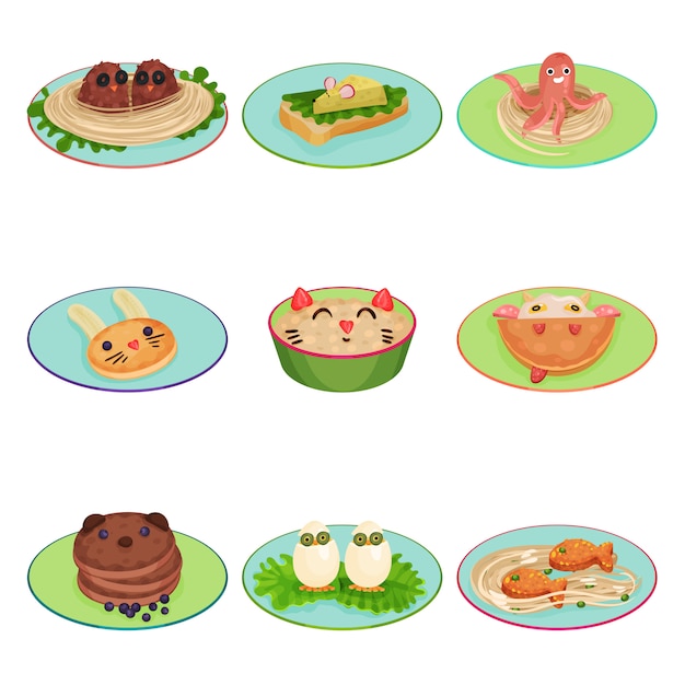 Food for child ed in the shape of animals and birds set  Illustrations on a white background