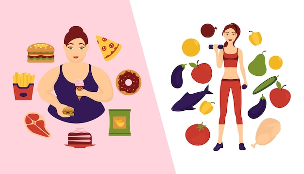 Vector food choice concept banner   illustration. two girls with healthy and fresh vegetables and unhealthy fast food. fruits and organic versus junk products with burger.