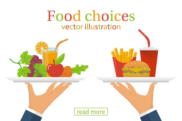 Food choice healthy and junk eating a man is holding a tray organic products and fast food