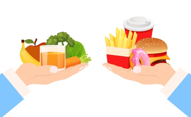 Vettore scelta dell'alimento stile di vita sano e spazzatura, illustrazione. mangia hamburger fastfood e dieta salutare per frutta e verdura.