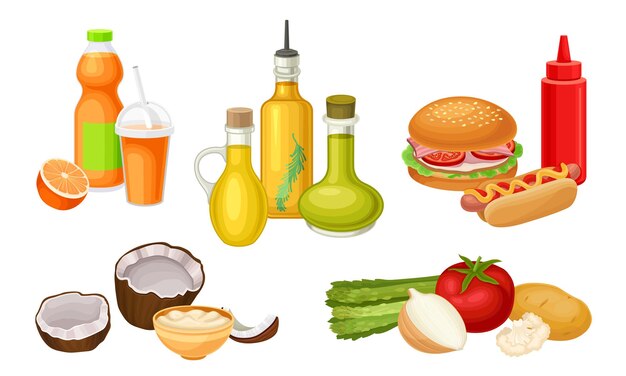 Vettore composizioni alimentari con verdure e set vettoriale di fast food