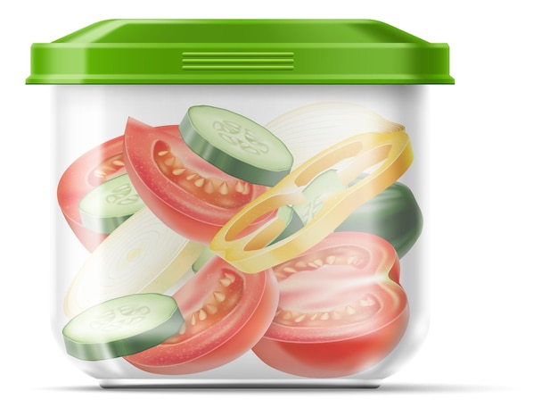 벡터 제품이 있는 식품 용기 야채 조각이 있는 현실적인 상자 샐러드 재료 뚜껑이 있는 닫힌 패키지 토마토와 고추 양파와 오이 조각 벡터 개체 전면 보기