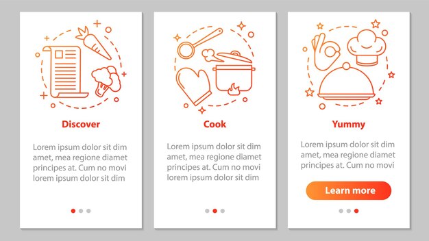 Schermata della pagina dell'app mobile per l'onboarding della cucina del cibo con conce lineare