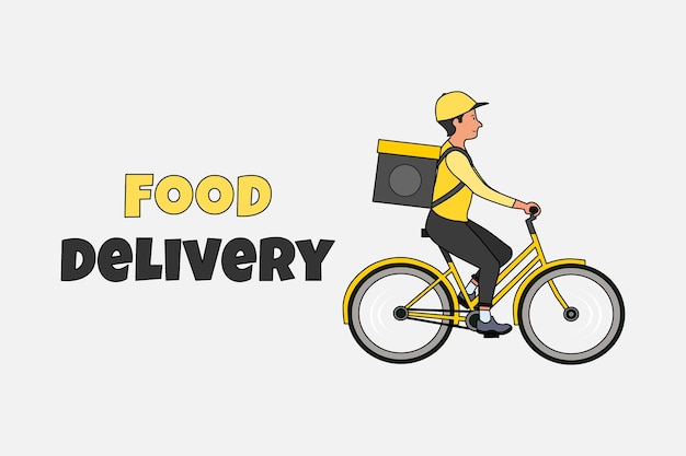 背中に宅配ボックスを付けて自転車に乗る食品宅配業者の男性 食品配達の少年 ベクトルイラスト