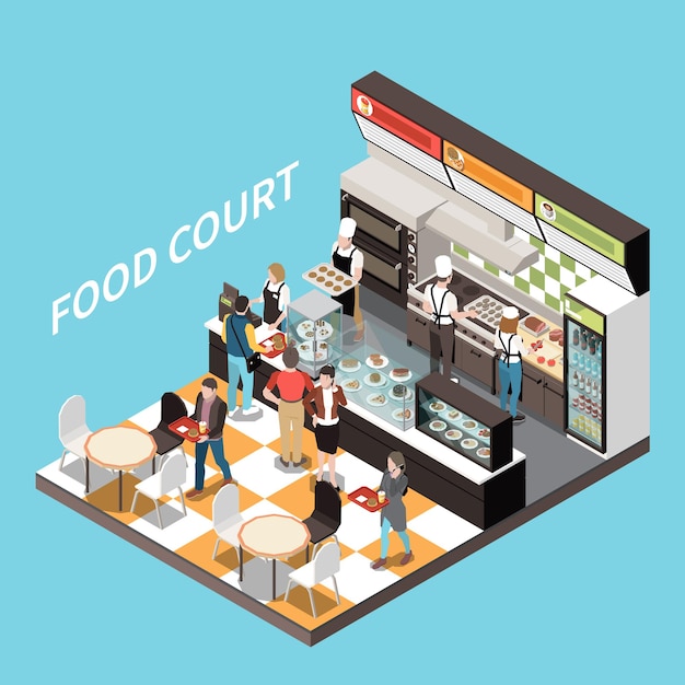 Vector food court coffee bar isometric view desserts display checkout counter cashier personnel customers