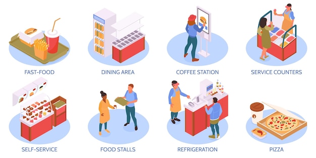 Composizioni isometriche di food court impostate con bancarelle di cibo isolato illustrazione vettoriale
