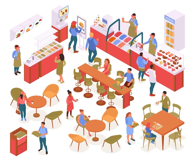 Food court isometrisch concept met zelfbediening en afhaalsymbolen geïsoleerde vectorillustratie