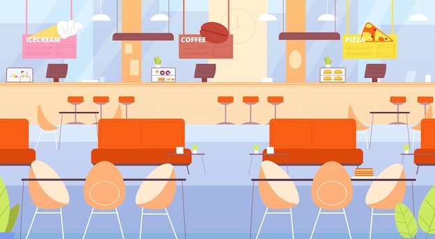 Vector food court mall interior empty hall inside cartoon cafeteria center lounge restaurant seating table indoor cafe foodbar canteen shop counter splendid vector illustration of hall cafeteria inside