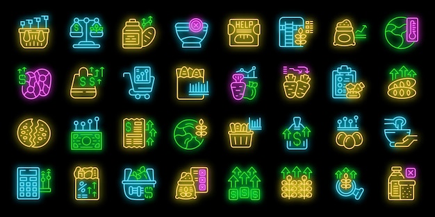 Food crisis icons set vector neon