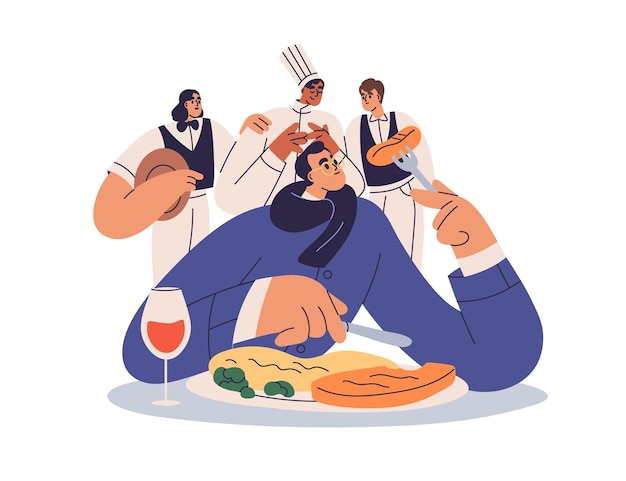 Food critic in haute cuisine restaurant Important guest foodie tasting dish and wine Gourmet guide eating estimating chef cooks meal Flat vector illustration isolated on white background