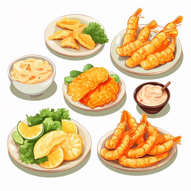 Vettore cibo cucina gamberetti tempura vettore asiatico illustrazione giappone ristorante giapponese pasto trad