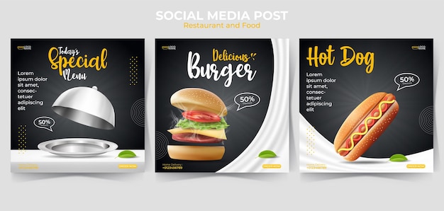 Food or culinary social media post template and web internet ads. illustration vector with realistic burger, hot dog.