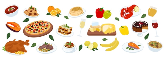 맛있는 음식 요리 된 저녁 식사 맛있는 피자 페인 와인 글래스 호박과 칠면조 아침 식사 요리 커피 컵 추수감사절 휴가 테이블 식사 레스토랑 잔치 터 식사 접시 세트