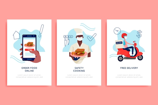 Vector food delivery app onboarding screens