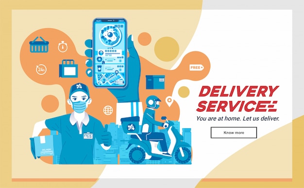 Food delivery app, order food delivery, sending by courier and man as delivery company mascot illustration