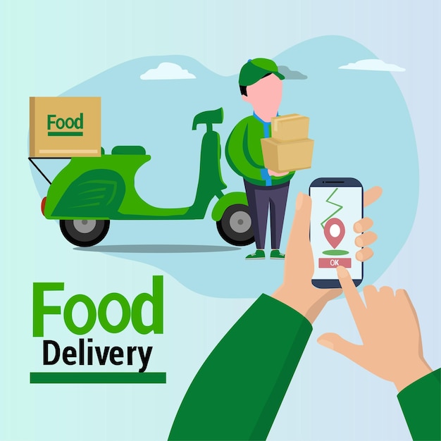 Food delivery app on a smartphone tracking a delivery man on a moped with a ready meal,