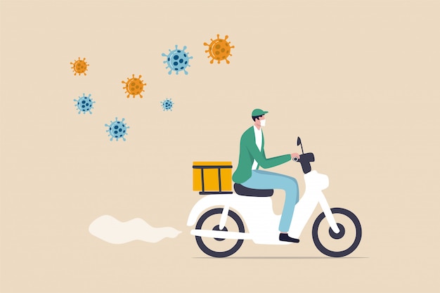 Food delivery, bike deliver food, goods or groceries in Coronavirus outbreak, social distancing people stay home order food online with delivery service, man riding bike deliver food, COVID-19 virus.