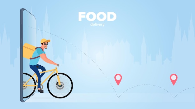 Food delivery by bike. The guy rides a bicycle.