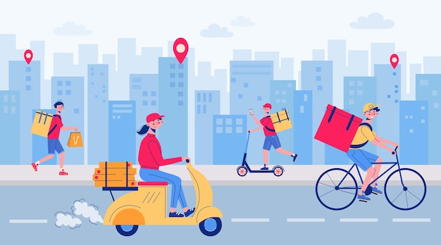 Composizione della città di consegna del cibo diversi corrieri con borse termiche consegnano cibo per i clienti in scooter a piedi in bicicletta illustrazione
