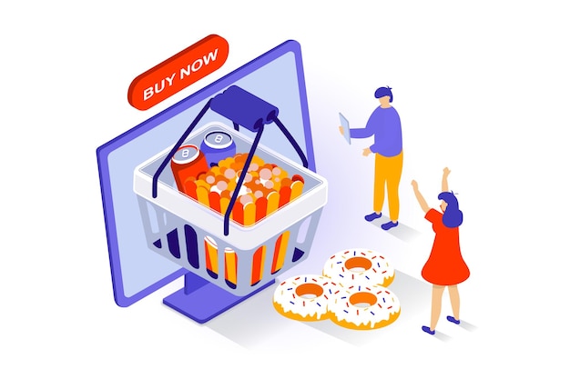 3D 이소메트릭 디자인에서 음식 배달 개념 - 사람들이 슈퍼마켓 바구니에서 패스트푸드 식사를 주문하고 구매 및 배송에 대해 온라인으로 지불합니다.