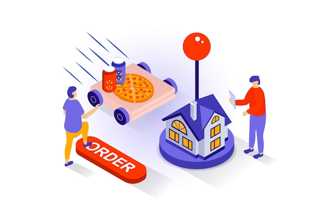 Food delivery concept in 3d isometric design People ordering pizza and drinks paying online for purchases and tracking shipping at home Vector illustration with isometry scene for web graphic