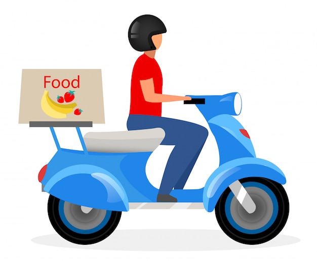 Food delivery courier flat vector illustration. deliveryman driving scooter cartoon character isolated