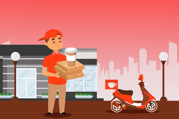 Food delivery courier with pizza box and coffee cup, man cartoon character