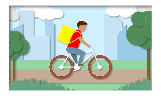 Food Delivery courieron bicycle on background of the city Paper cut vector illustration