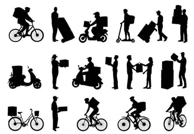 food delivery couriers delivery men set collection vector silhouette