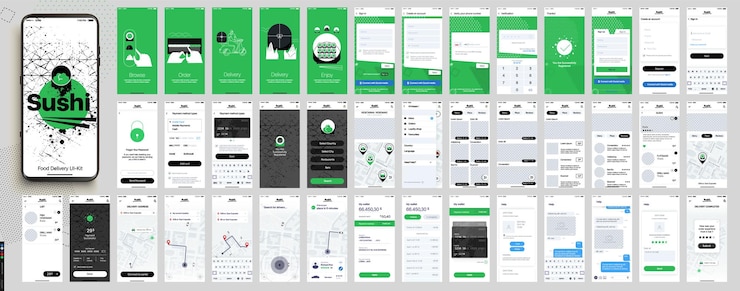 Vector 음식 배달. 모바일 애플리케이션, ui, ux 디자인. gui 화면 세트