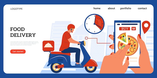 Vector food delivery landing page people order food using mobile application courier drives scooter and takes purchases to customers vector website interface template for grocery or restaurant
