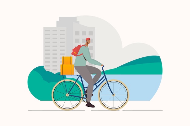 Vector food delivery man on bike cartoon flat illustration