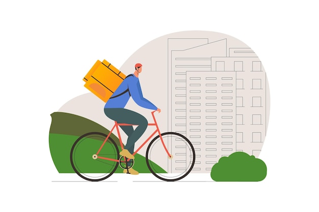 Vector food delivery man on bike cartoon illustration