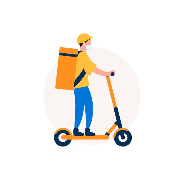 Food delivery man on an electric scooter Courier with eat bag on kick scooter Graphic for delivery service Vector illustration