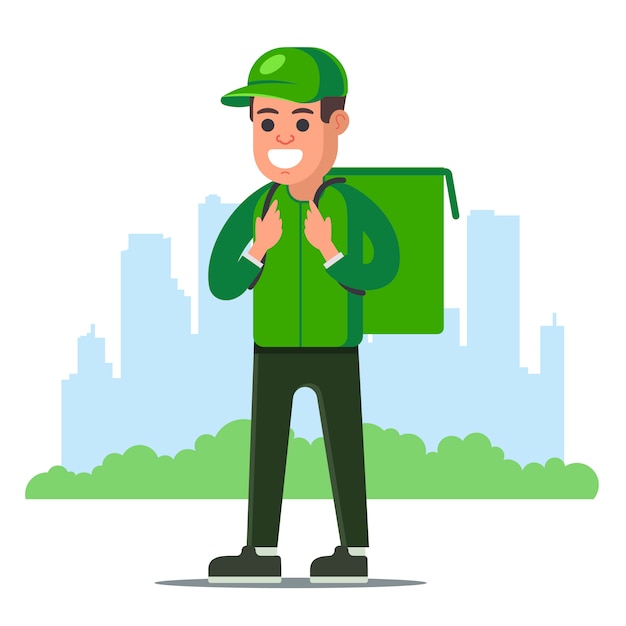доставка еды человек в зеленой форме на фоне города. иллюстрация персонажа.