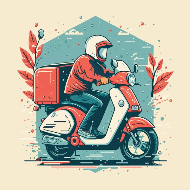 Vettore di stile piano dell'illustrazione del motociclo del motorino di guida dell'uomo di consegna del cibo